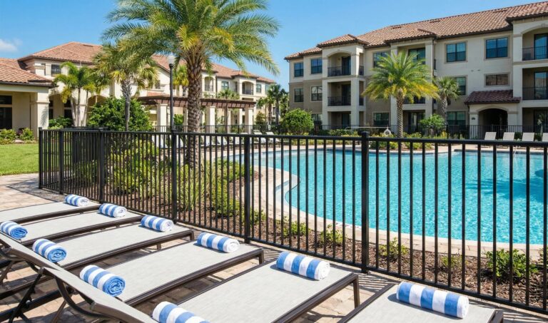 black aluminum fence apartment pool Bradenton Florida