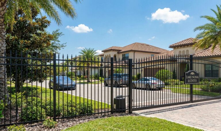 black aluminum fence gated entrance Florida