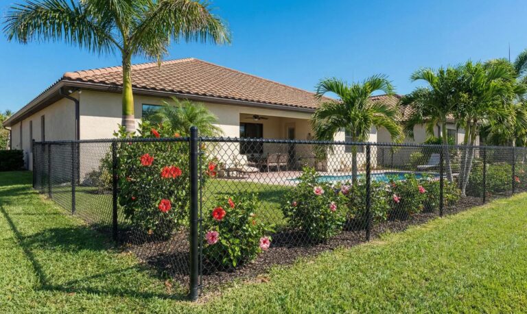 Black vinyl coated chain link pool fence residential Florida