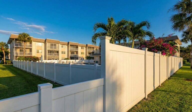 tan vinyl privacy fence residential pool Florida