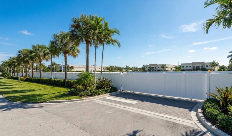 white Vinyl Fence commercial entrance Florida